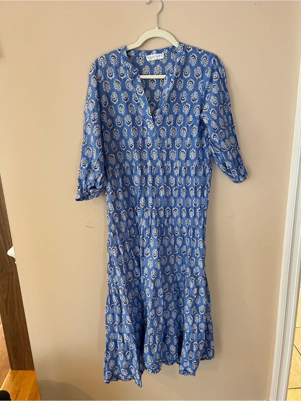 Blue Printed V-Neck Midi Dress
